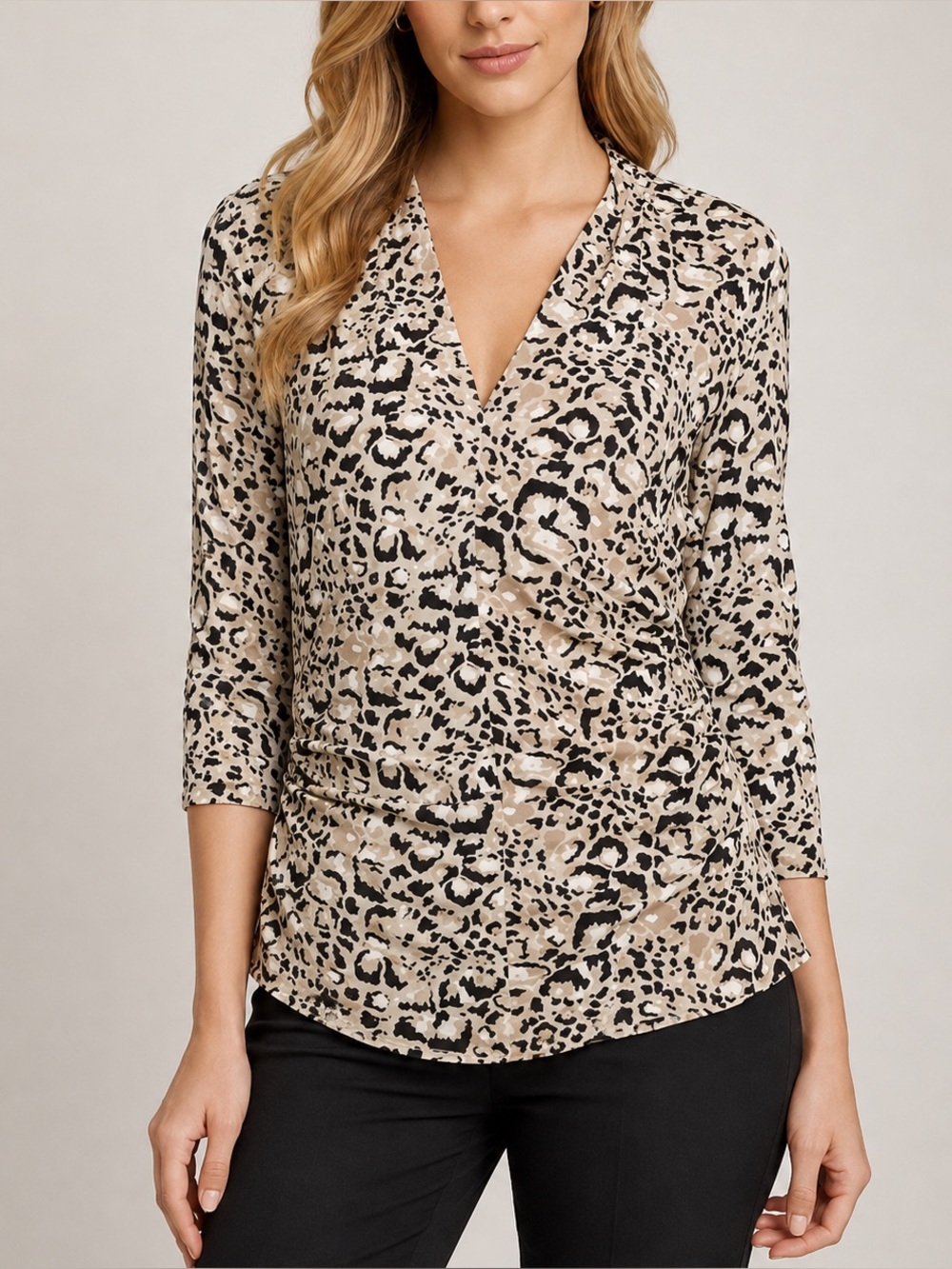 Vince Camuto EUC Leopard Ruched Wrap Blouse Tiramisu Medium